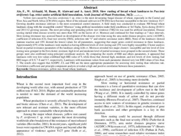 Slow rusting of bread wheat landraces to Puccinia striiformis f.sp. tritici under artificial field inoculation