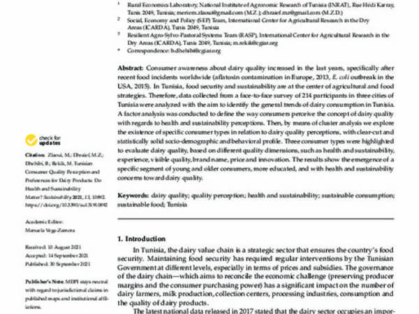 Tunisian Consumer Quality Perception and Preferences for Dairy Products: Do Health and Sustainability Matter?