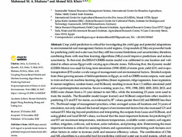 Coupling Process-Based Models and Machine Learning Algorithms for Predicting Yield and Evapotranspiration of Maize in Arid Environments