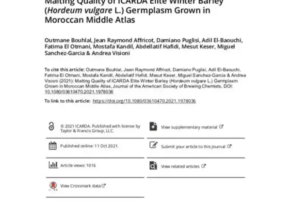 Malting Quality of ICARDA Elite Winter Barley (Hordeum vulgare L.) Germplasm Grown in Moroccan Middle Atlas