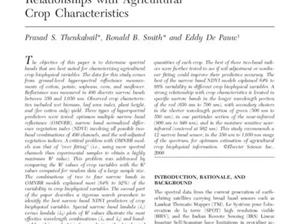 Hyperspectral Vegetation Indices for Determining Agricultural Crop Characteristics