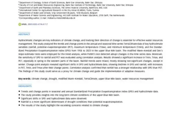 Evaluating hydroclimate dynamics: trend analysis and change detection for enhanced drought monitoring in the upper Blue Nile basin