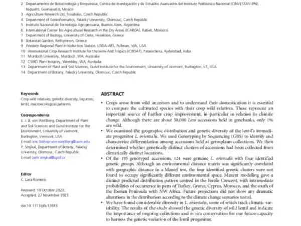 Genetic structure and ecological niche space of lentil's closest wild relative, Lens orientalis (Boiss.) Schmalh.
