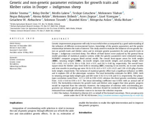 Genetic and non-genetic parameter estimates for growth traits and Kleiber ratios in Dorper × indigenous sheep