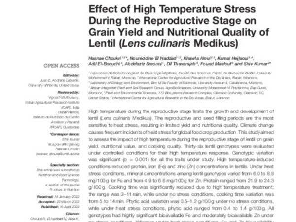 Effect of High Temperature Stress During the Reproductive Stage on Grain Yield and Nutritional Quality of Lentil (Lens culinaris Medikus)