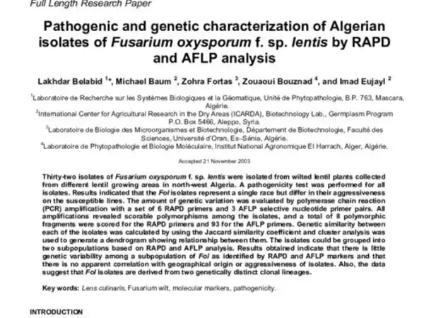 Pathogenic and genetic characterization of Algerian  isolates of Fusarium oxysporum f. sp. lentis by RAPD  and AFLP analysis
