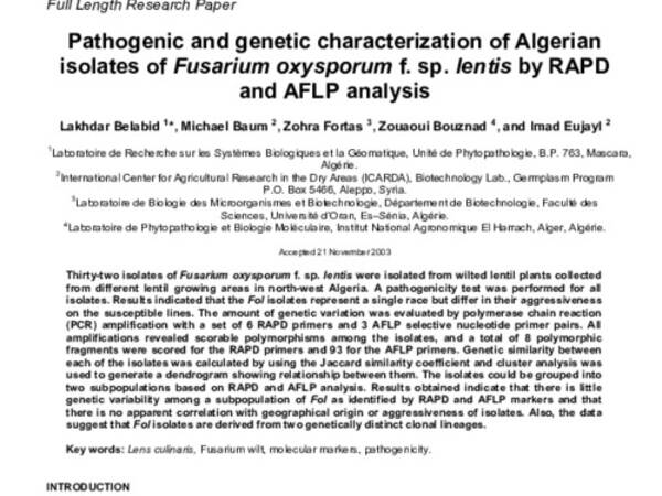 Pathogenic and genetic characterization of Algerian  isolates of Fusarium oxysporum f. sp. lentis by RAPD  and AFLP analysis