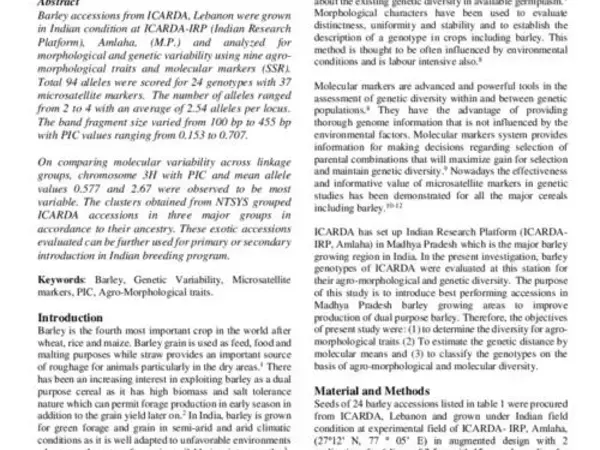 Diversity assessment of hulled barley (Hordeum vulgare L.) accessions by agro-morphological traits and SSR markers
