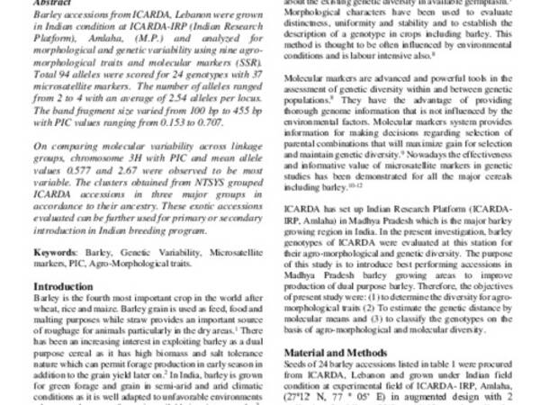 Diversity assessment of hulled barley (Hordeum vulgare L.) accessions by agro-morphological traits and SSR markers