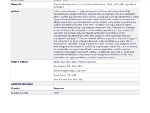 Towards Conservation Agriculture in Central Syria: Developmental insights from innovation driven research