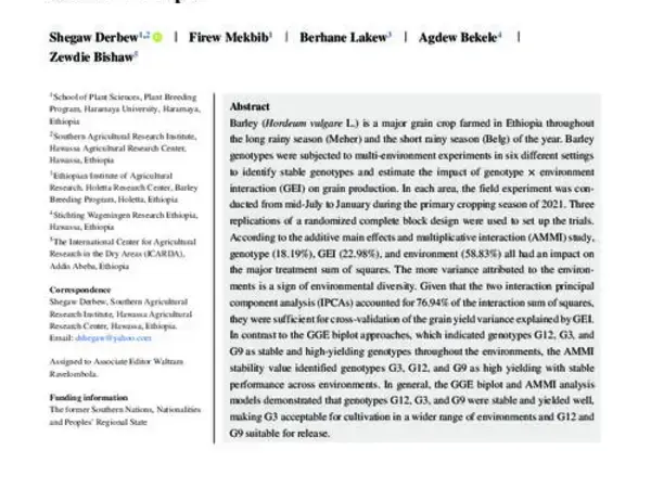 AMMI and GGE biplot analysis for barley genotype yield performance and stability under multi environment condition in southern Ethiopia