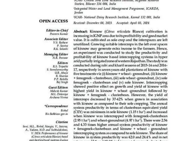 Performance of Kinnow (Citrus reticulata Blanco) based Agri-horticultural Systems during Intermediate Stage of Fruiting in Light Textured Soil of Arid Rajasthan