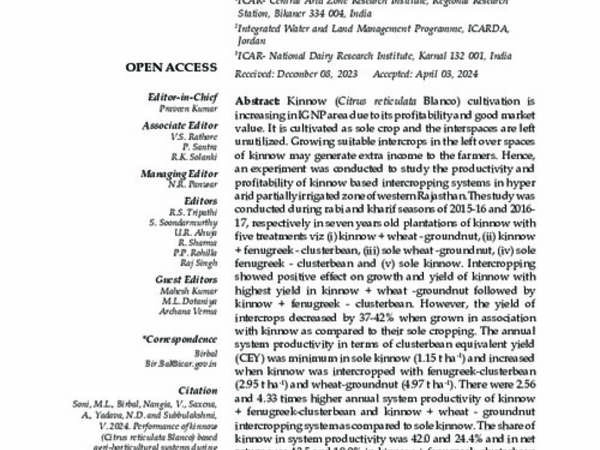 Performance of Kinnow (Citrus reticulata Blanco) based Agri-horticultural Systems during Intermediate Stage of Fruiting in Light Textured Soil of Arid Rajasthan