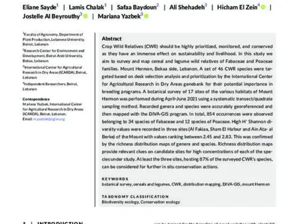 Surveying and mapping cereals and legumes wild relatives in Mount Hermon (Bekaa, Lebanon)