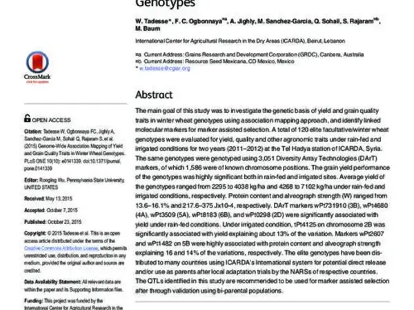 Genome-Wide Association Mapping of Yield and Grain Quality Traits in Winter Wheat Genotypes