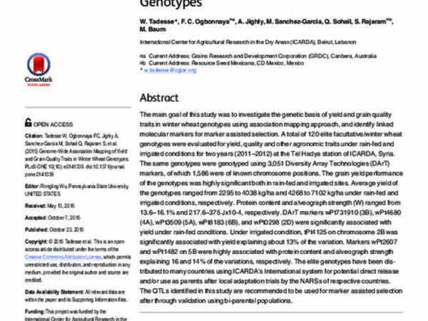 Genome-Wide Association Mapping of Yield and Grain Quality Traits in Winter Wheat Genotypes