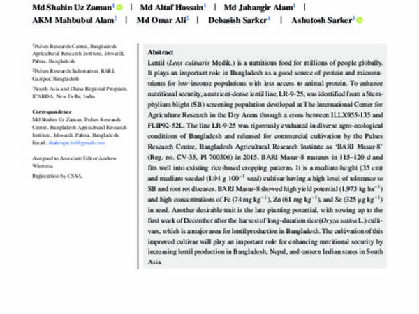 ‘BARI Masur-8’: A high-yielding and biofortified lentil cultivar in Bangladesh