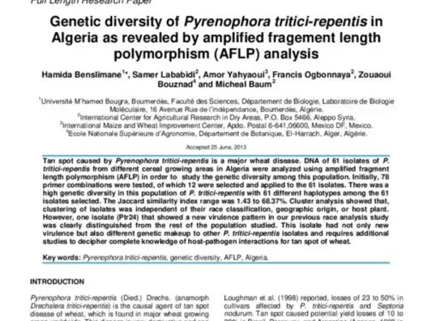 Genetic diversity of Pyrenophora tritici-repentis in Algeria as revealed by amplified fragement length polymorphism (AFLP) analysis