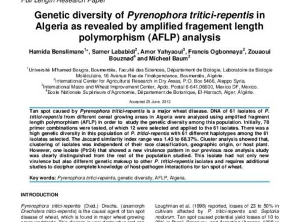 Genetic diversity of Pyrenophora tritici-repentis in Algeria as revealed by amplified fragement length polymorphism (AFLP) analysis