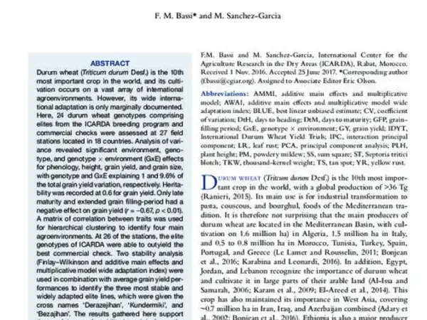 Adaptation and Stability Analysis of ICARDA Durum Wheat Elites across 18 Countries