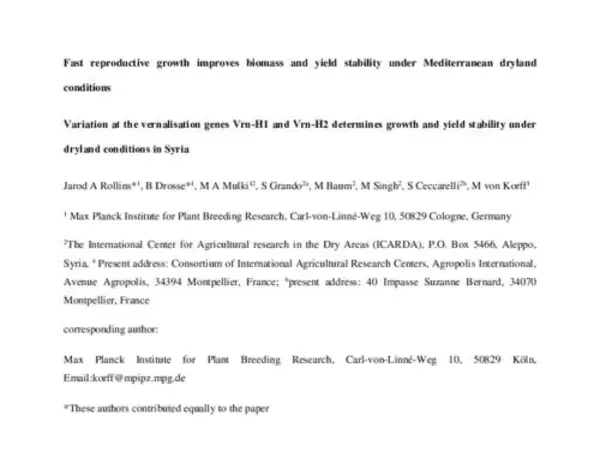 Variation at the vernalisation genes Vrn‑H1 and Vrn‑H2 determines growth and yield stability in barley (Hordeum vulgare) grown under dryland conditions in Syria