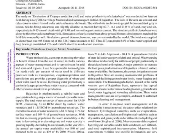 Evaluation of CropSyst model for clusterbean under hot arid condition