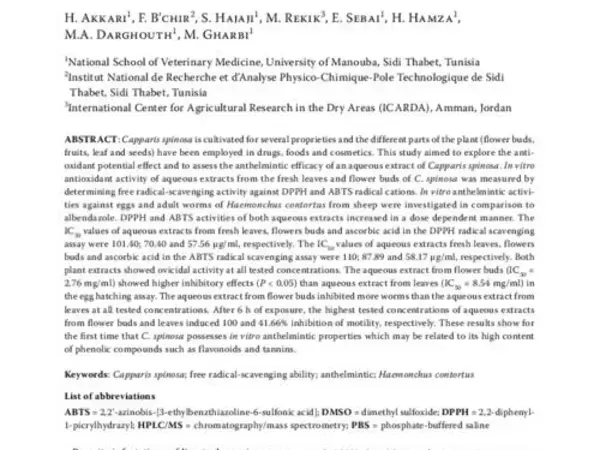 Potential anthelmintic effect of Capparis spinosa (Capparidaceae) as related to its polyphenolic content and antioxidant activity
