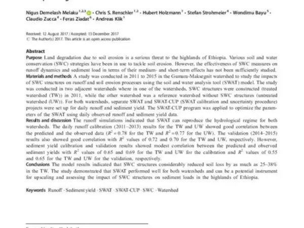 Prediction of soil and water conservation structure impacts on runoff and erosion processes using SWAT model in the Northern Ethiopian highlands