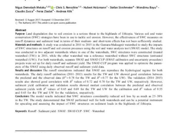 Prediction of soil and water conservation structure impacts on runoff and erosion processes using SWAT model in the Northern Ethiopian highlands