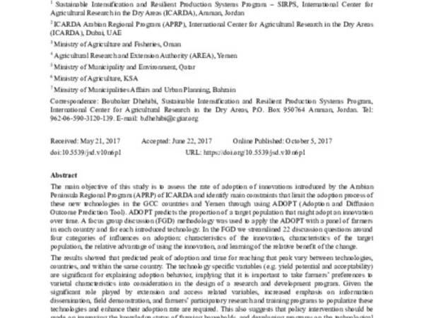 Adoption and Factors Affecting Farmer’s Adoption of Technologies in Farming System: A Case Study of Improved Technologies in ICARDA’s Arabian Peninsula Regional Program 