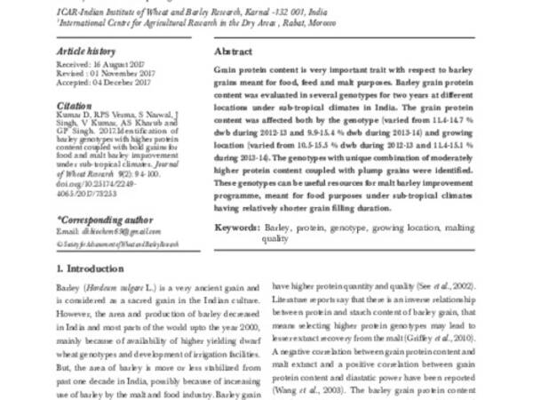 Identification of barley genotypes with higher protein content coupled with bold grains for food and malt barley improvement under sub-tropical climates