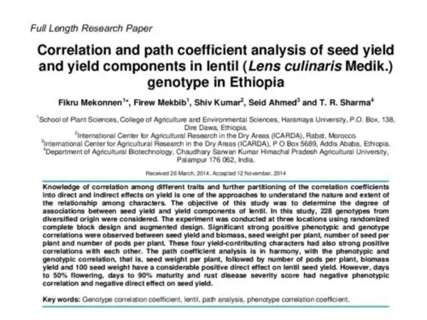 Correlation and path coefficient analysis of seed yield and yield components in Lentil (Lens culinaris Medik) genotypes in Ethiopia