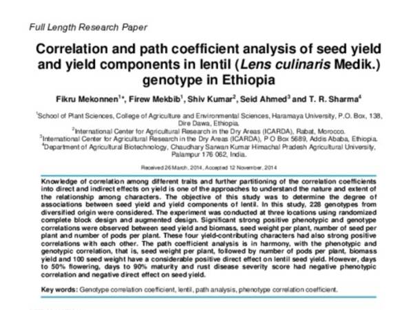 Correlation and path coefficient analysis of seed yield and yield components in Lentil (Lens culinaris Medik) genotypes in Ethiopia