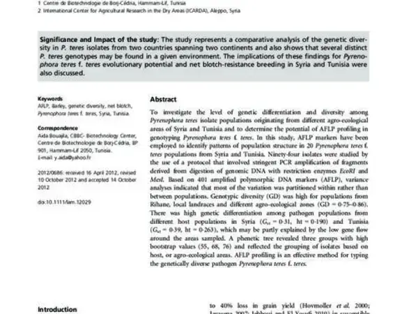 Genetic differentiation in Pyrenophora teres f. teres populations from Syria and Tunisia as assessed by AFLP markers