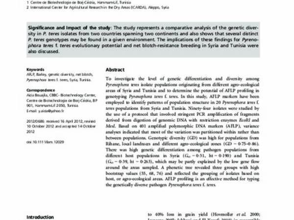 Genetic differentiation in Pyrenophora teres f. teres populations from Syria and Tunisia as assessed by AFLP markers