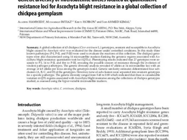 Genetic diversity of microsatellite alleles located at quantitative resistance loci for Ascochyta blight resistance in a global collection of chickpea germplasm