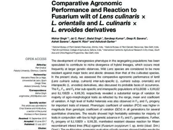 Comparative Agronomy Performance and Reaction to Fusarium Wilt of Lens culinaris X L. orientalis and L. culinaris X L. ervoides derivatives.
