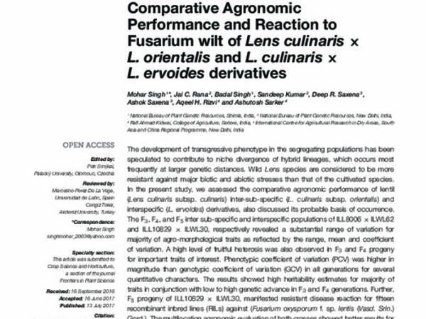 Comparative Agronomy Performance and Reaction to Fusarium Wilt of Lens culinaris X L. orientalis and L. culinaris X L. ervoides derivatives.