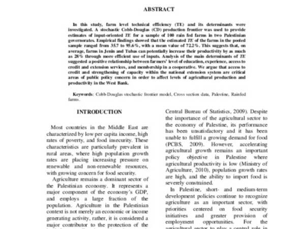 Technical Efficiency and Its Determinants in Food Crop Production: A Case Study of Farms in West Bank, Palestine