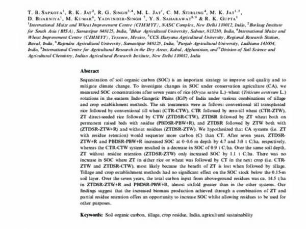 Soil organic carbon changes after seven years of conservation agriculture in a rice–wheat system of the eastern Indo-Gangetic Plains