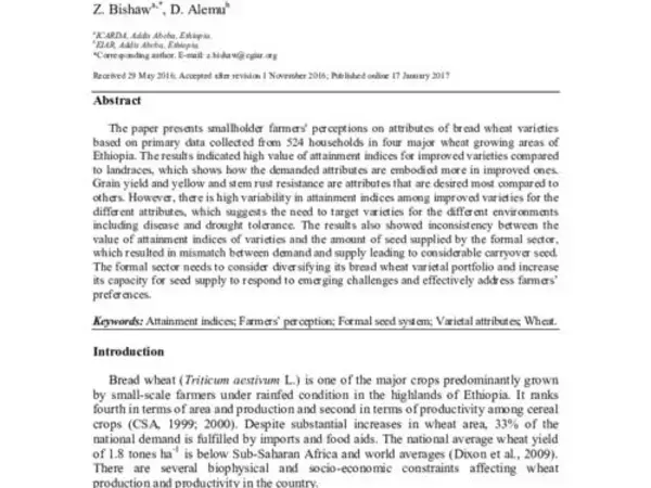 Farmers' perceptions on improved bread wheat varieties and formal seed supply in Ethiopia