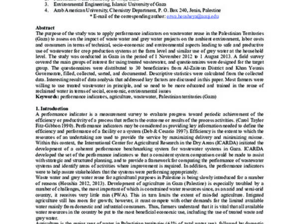 Performance Indicators for Wastewater Reuse Systems in Gaza Governorates