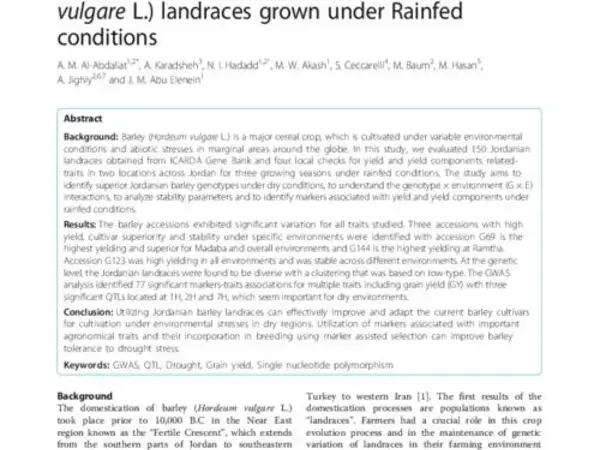 Assessment of genetic diversity and yield performance in Jordanian barley (Hordeum vulgare L.) landraces grown under Rainfed conditions