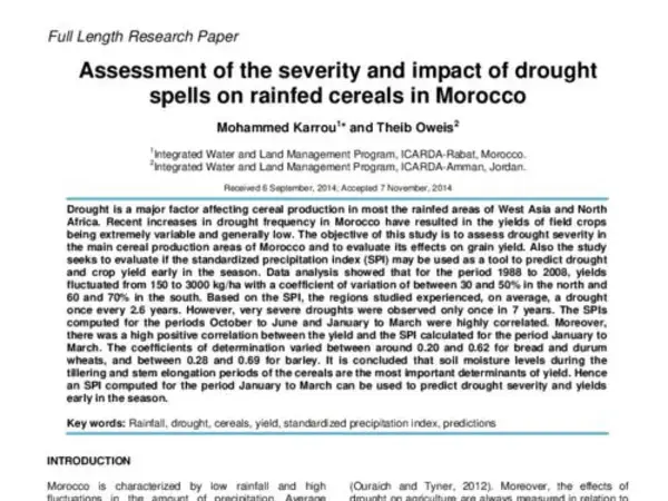 Assessment of the severity and impact of drought spells on rainfed cereals in Morocco