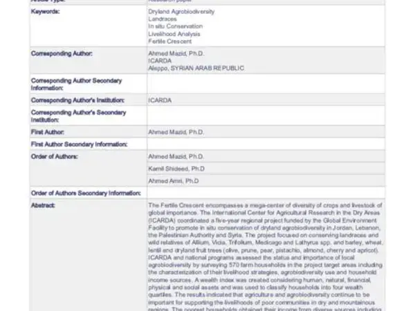 Assessment of on-farm conservation of dryland agrobiodiversity and its impact on rural livelihoods in the Fertile Crescent