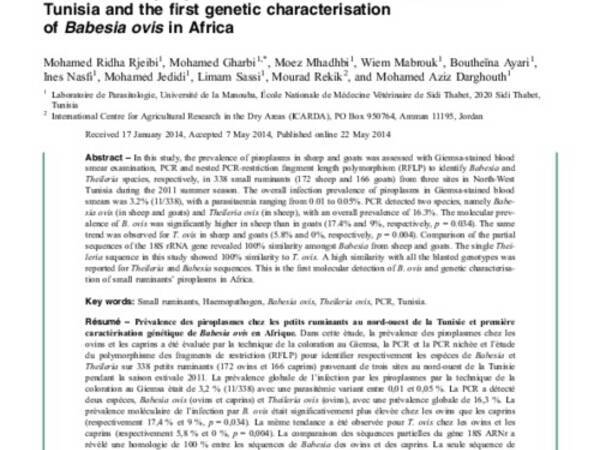 Prevalence of piroplasms in small ruminants in North-West Tunisia and the first genetic characterisation of Babesia ovis in Africa