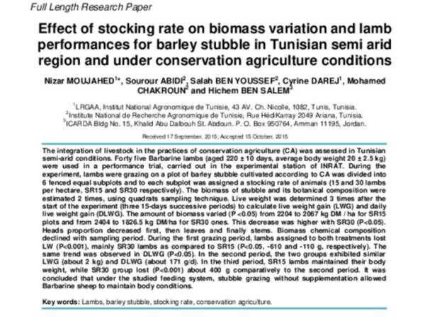 Effect of stocking rate on biomass variation and lamb performances for barley stubble in Tunisian semi arid region and under conservation agriculture conditions