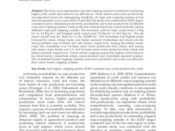 Relative Yield, Profit and Water Productivity of Crops in IGNP Stage-I