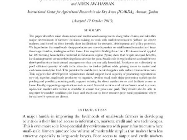 DETERMINANTS OF SMALL SCALE DAIRY SHEEP PRODUCERS’ DECISIONS TO USE MIDDLEMEN FOR ACCESSING MARKETS AND GETTING LOANS IN DRY MARGINAL AREAS IN SYRIA