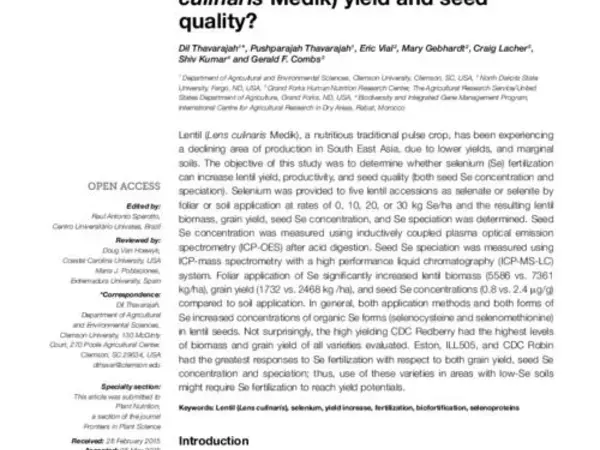 Will selenium increase lentil (Lens culinaris Medik) yield and seed quality?